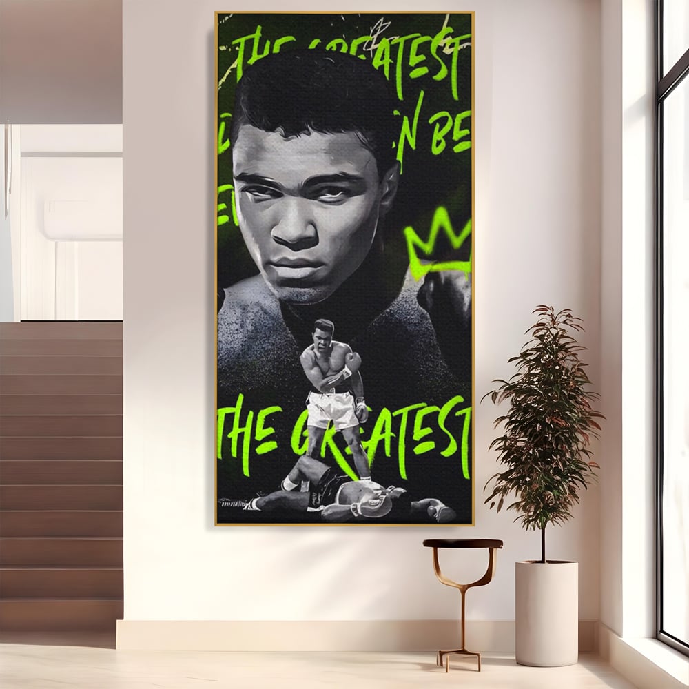 Tablou canvas cu tablou canvas cu portretul lui muhammad ali, in rama de aluminiu auriu